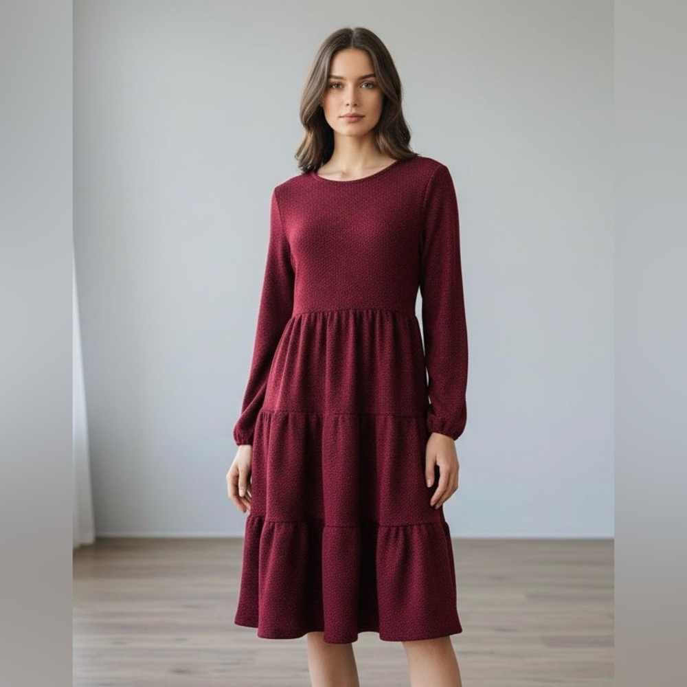 Long Sleeve Tiered Midi Dress in Wine
